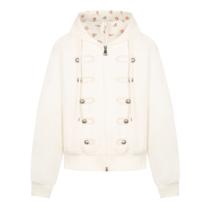 Women's hooded sweat jacket with decorative loops and metal button details Mune Fashion
