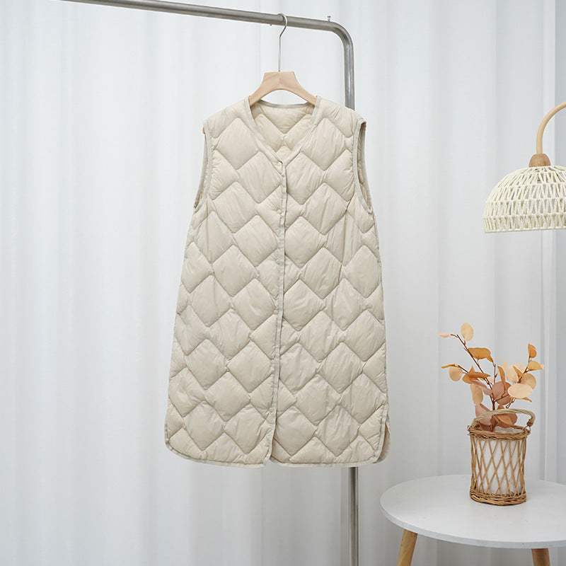Women's Long Quilted Vest with V-Neck and Diamond Quilting Mune Fashion