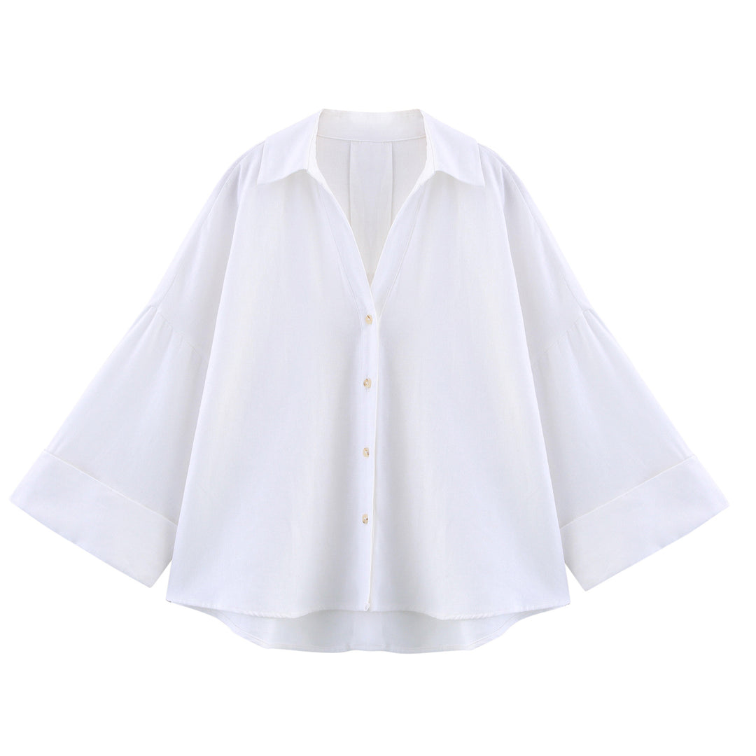 Women oversized striped shirt blouse with dropped shoulder, 3/4 sleeves and extended back hem Mune Fashion