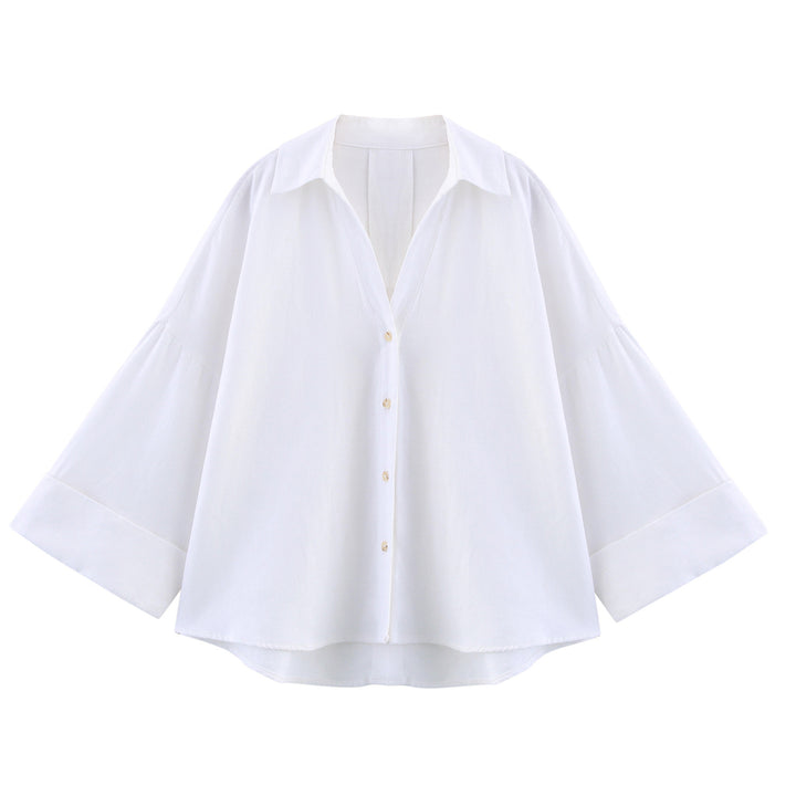 Women oversized striped shirt blouse with dropped shoulder, 3/4 sleeves and extended back hem Mune Fashion