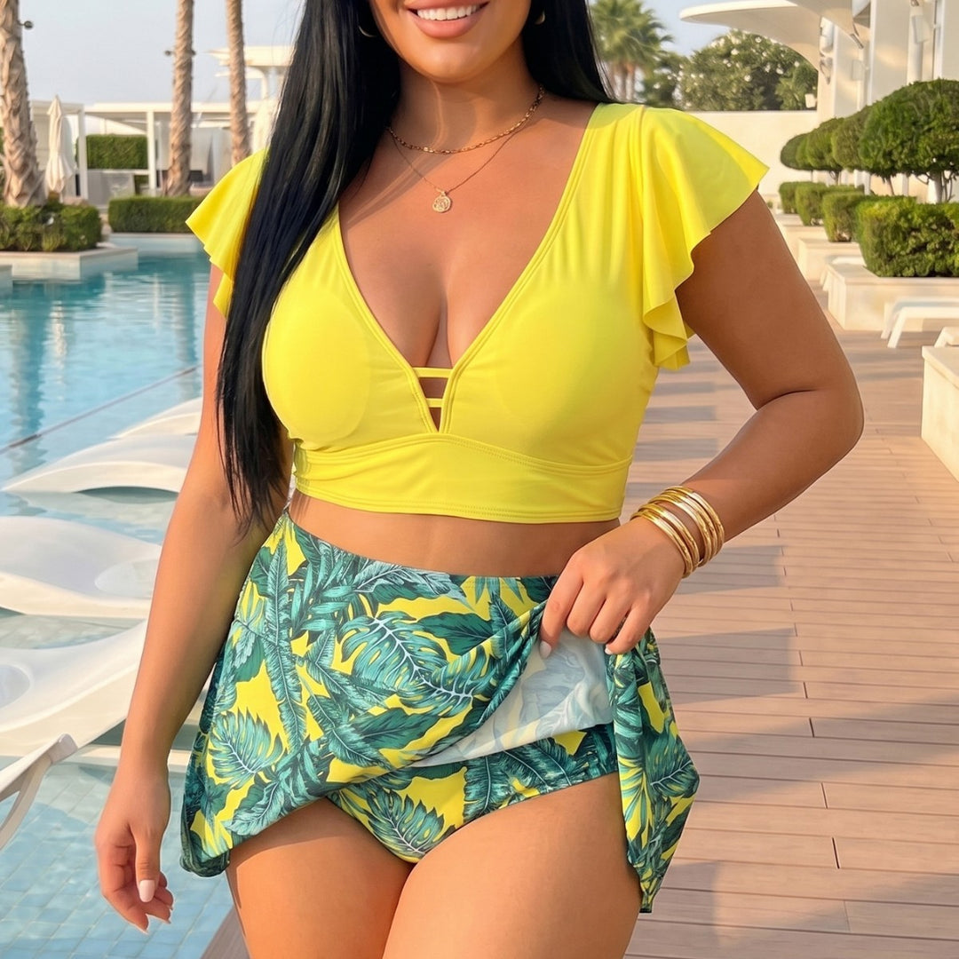 Women's bikini top with elegant wrap detail and floral under skirt Mune Fashion