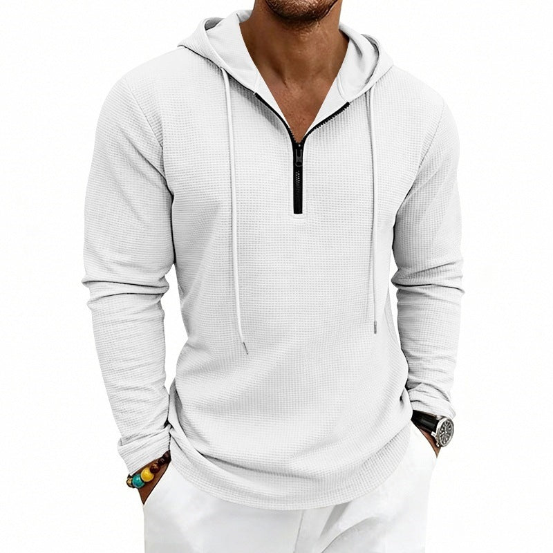 Men's Casual Waffle Fabric Hoodie with Half Zipper and Hood Mune Fashion