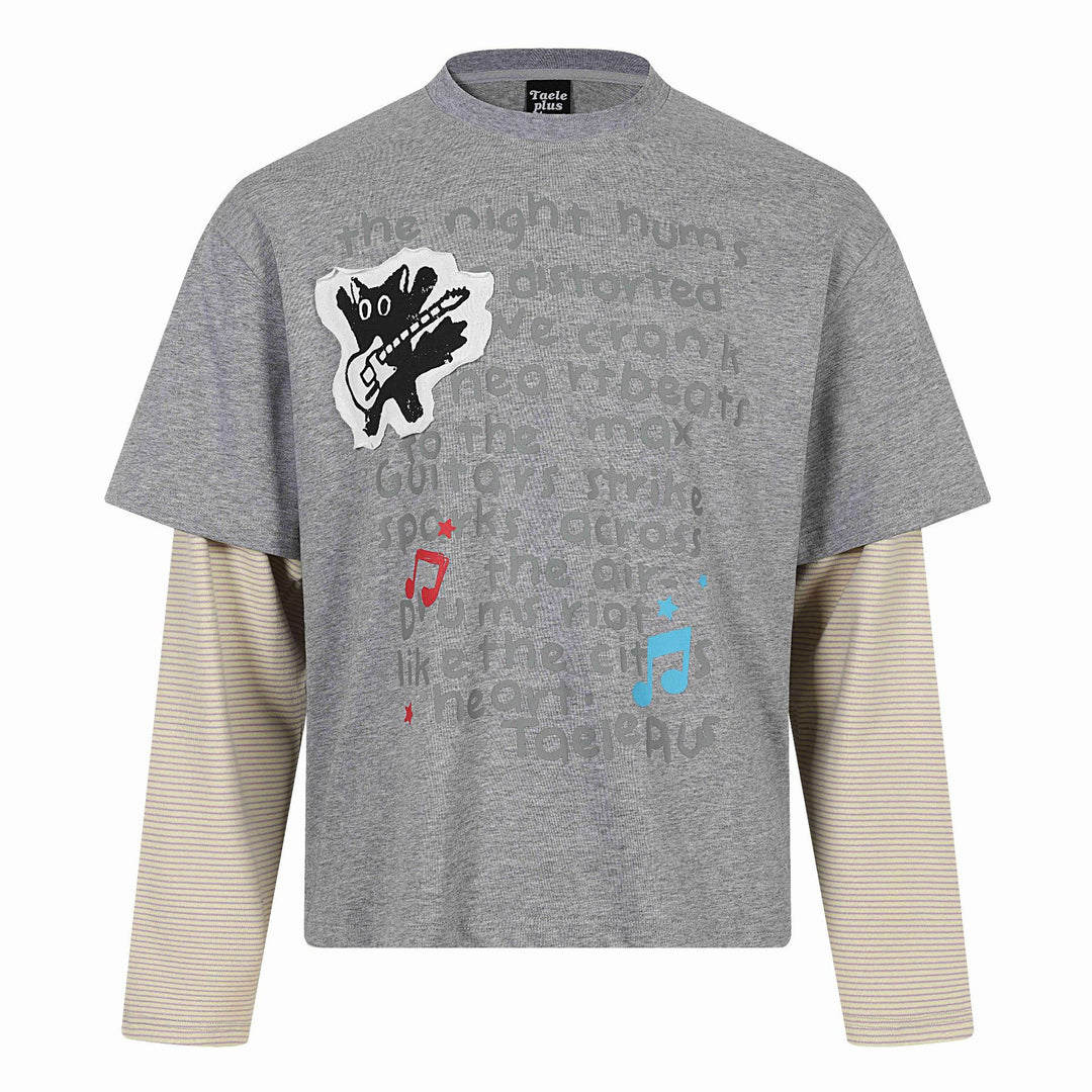 Unisex Layered Look Long Sleeve T-Shirt with Attached Short Sleeve Layer and Graphic Print Mune Fashion