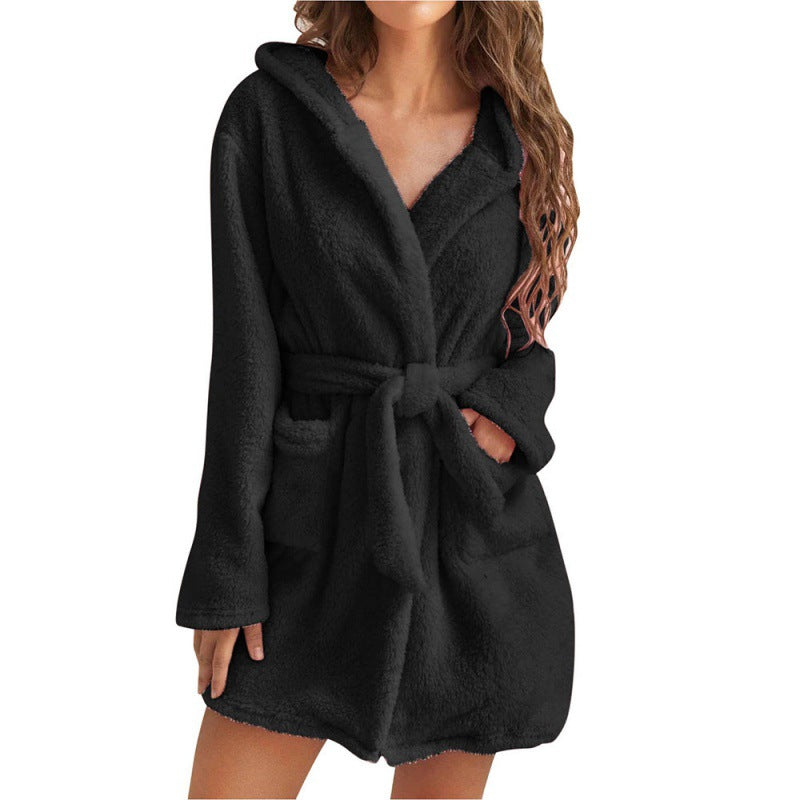 Women's Cozy Fleece Bathrobe with Hood and Waist Tie Mune
