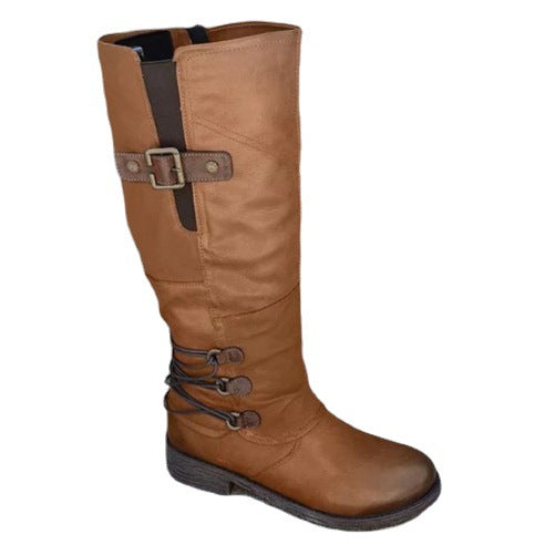 Women's knee-high boots in leather look with adjustable decorative straps and profile rubber sole Mune Fashion