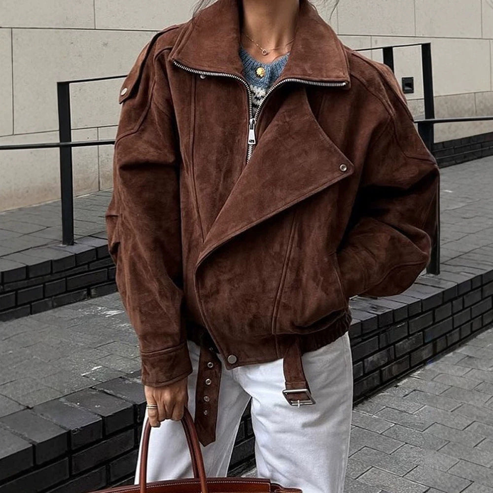 Women Short Velour Leather Bomber Jacket with High Stand-Up Collar and Waist Belt Mune Fashion