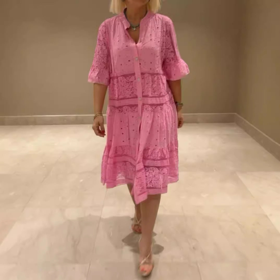 Women's shirt blouse midi dress with lace inserts, tiered skirt and full button placket Mune Fashion