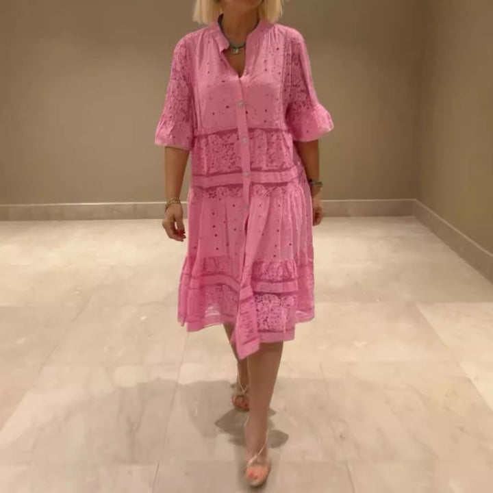 Women's shirt blouse midi dress with lace inserts, tiered skirt and full button placket Mune Fashion