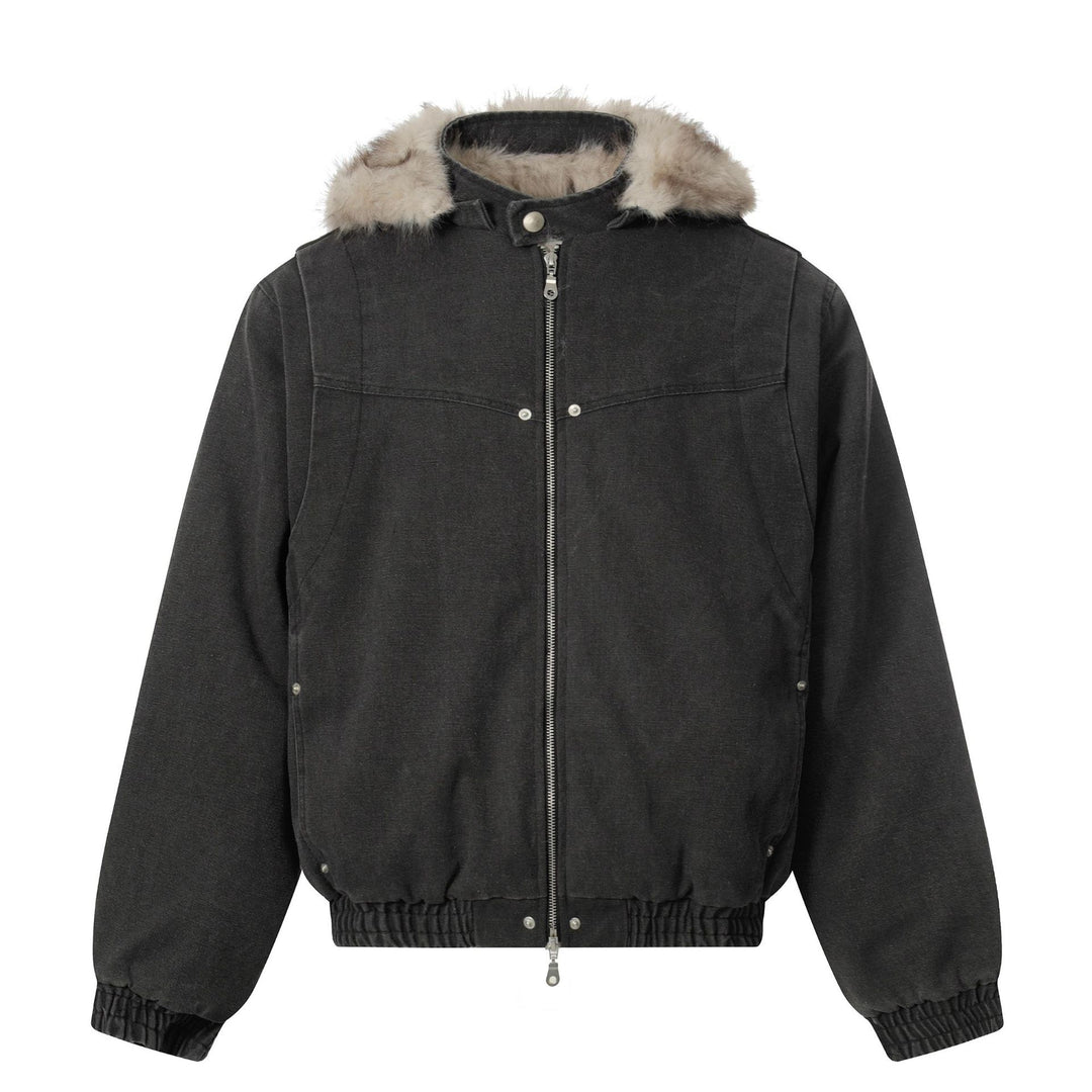 Men's canvas bomber jacket with removable faux fur hood and elastic hem Mune Fashion