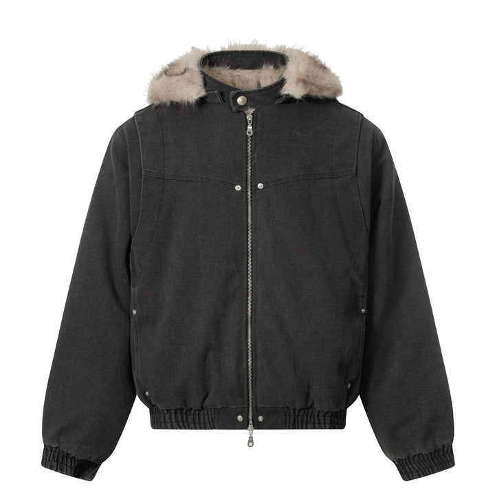 Men's canvas bomber jacket with removable faux fur hood and elastic hem Mune Fashion