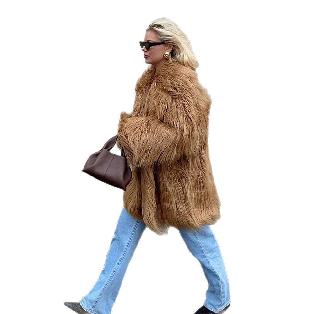 Women's Oversized Shaggy Faux Fur Coat with Long Pile Texture and Concealed Button Placket Mune Fashion