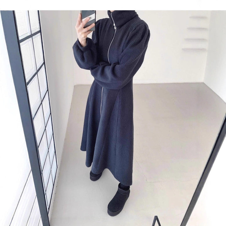 Women's Ribbed Knit Midi Dress with Zip Collar and Flared Skirt Mune Fashion