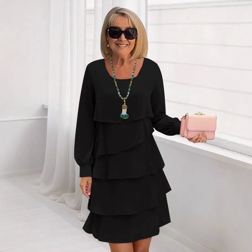 Women Elegant Tiered Midi Dress with Ruffle Layers, Round Neckline and Cuffs