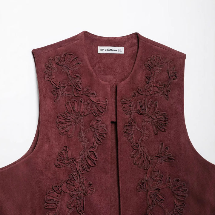 Women's Sleeveless Suede-Look Vest with Floral Appliqué Mune Fashion