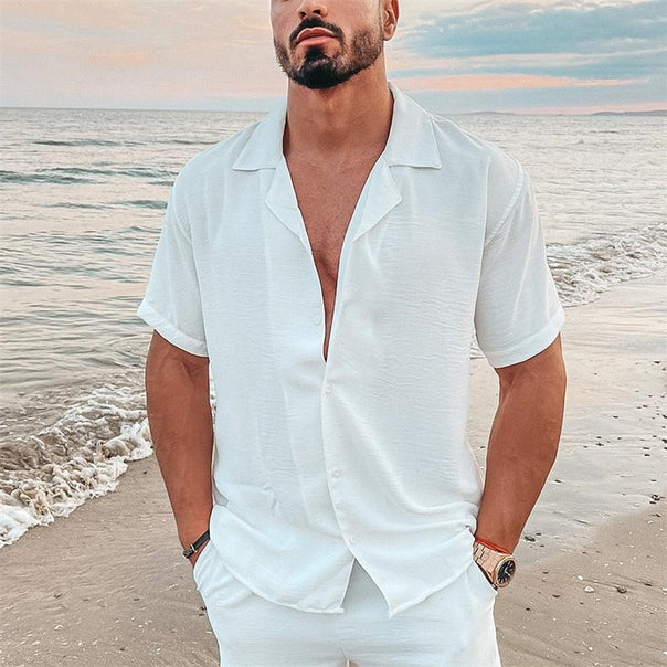 Men's airy beach shirt made of linen blend with lapel collar and open button placket Mune Fashion