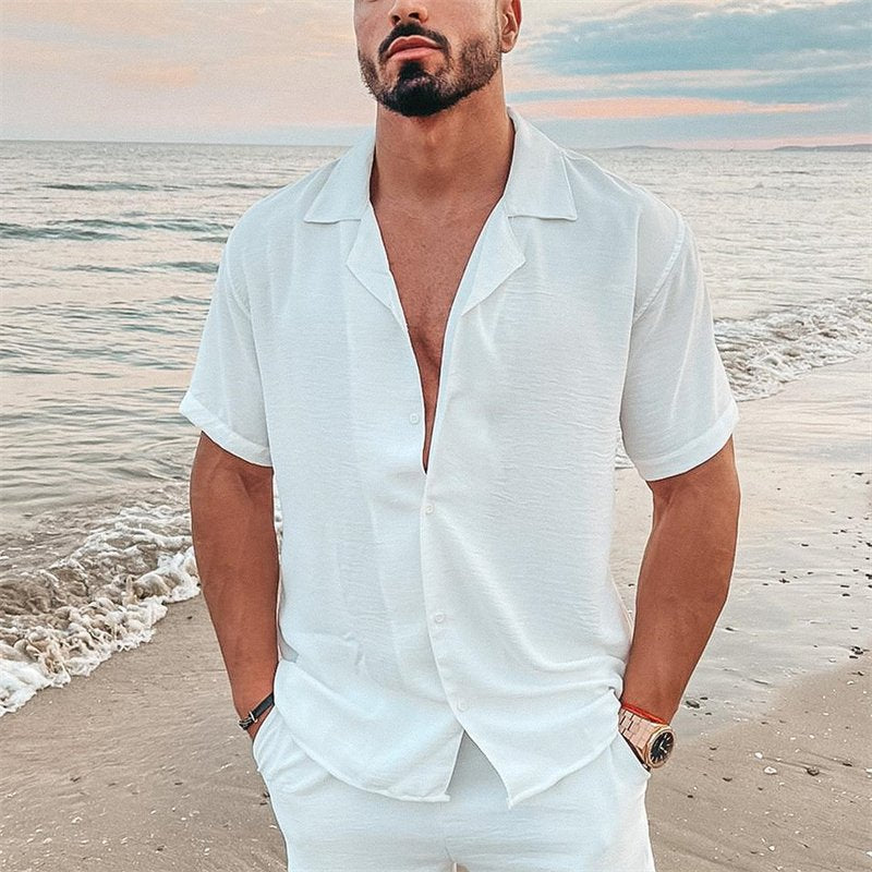 Men's airy beach shirt made of linen blend with lapel collar and open button placket Mune Fashion