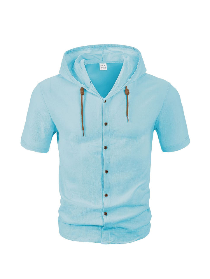 Men's short-sleeved hooded shirt with button placket, drawstring and linen look Mune Fashion