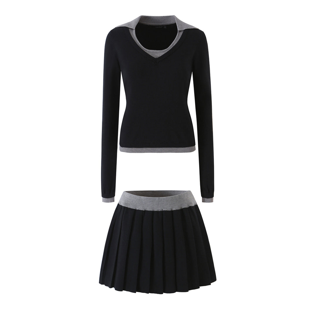 Women’s Two-Piece Fine Knit Set with V-Neck, Contrasting Collar and Pleated Mini Skirt Mune Fashion