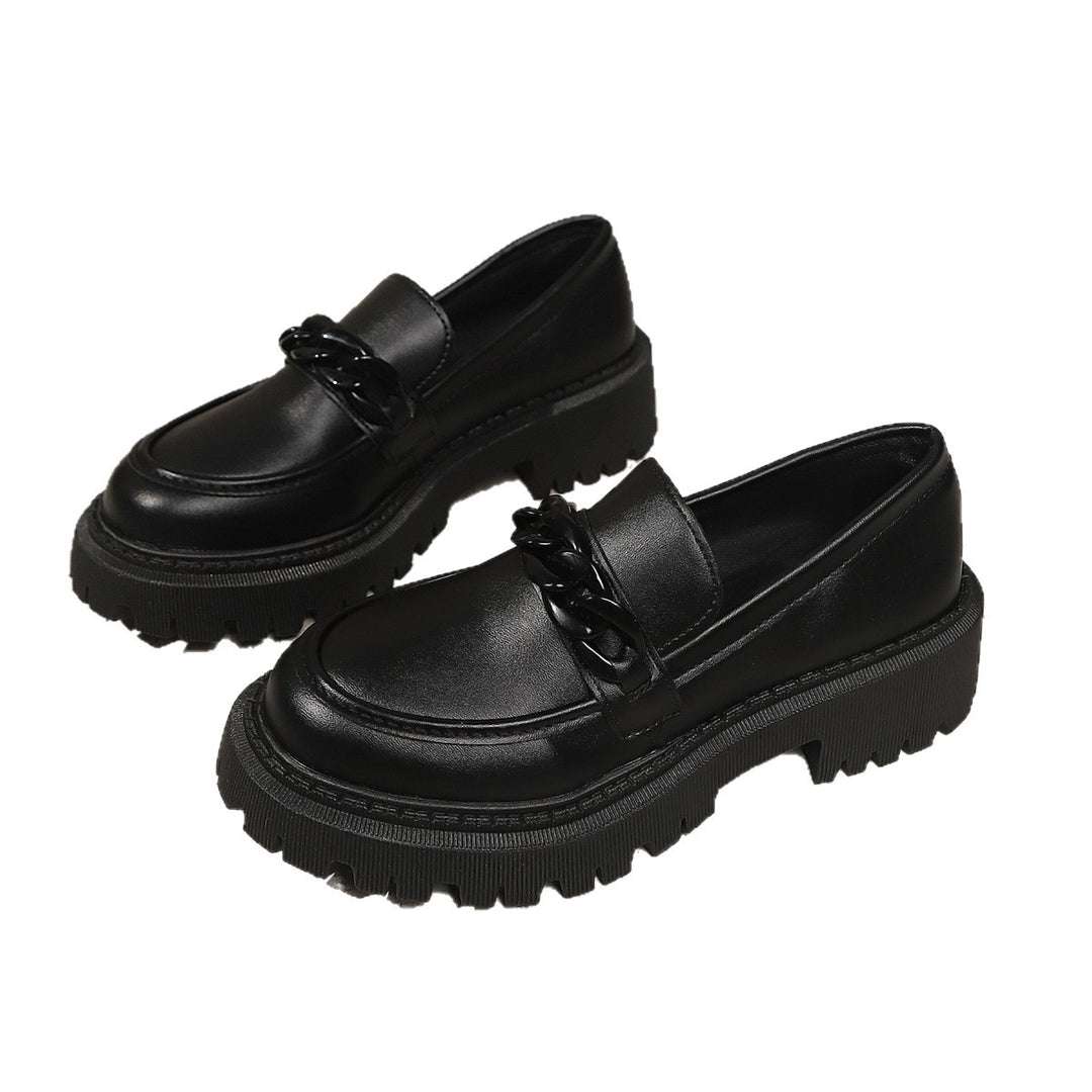 Women Chunky Patent Loafers with Thick Profile Sole and Chain Decoration Mune Fashion