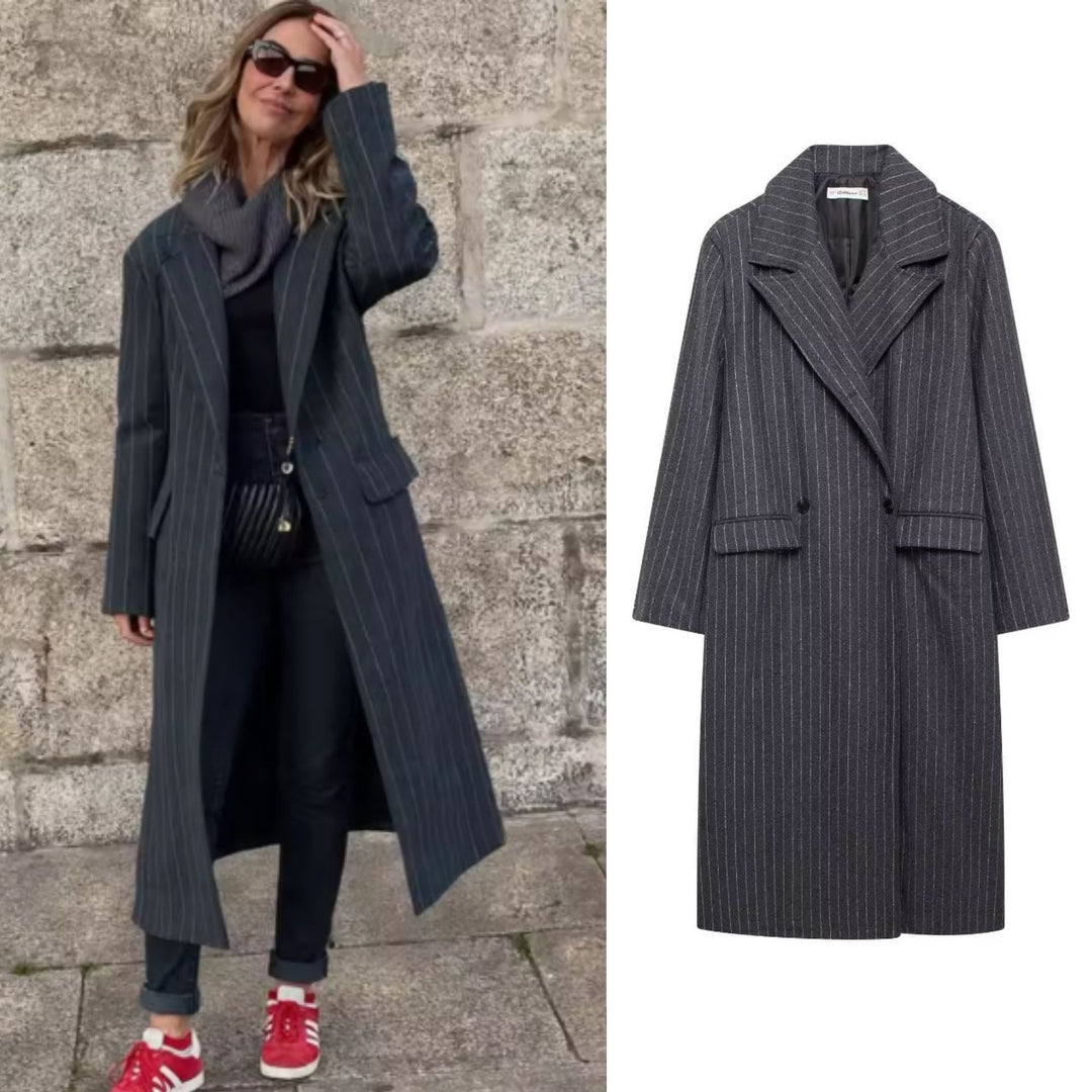 Ladies long tailored pinstripe wool blend coat with lapel collar and patch pockets Mune Fashion