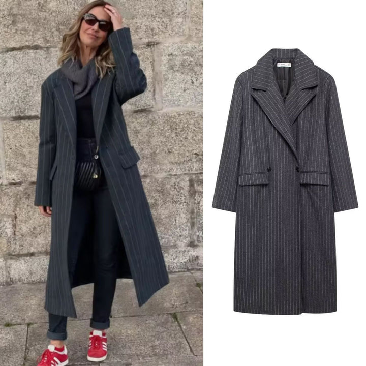 Ladies long tailored pinstripe wool blend coat with lapel collar and patch pockets Mune Fashion