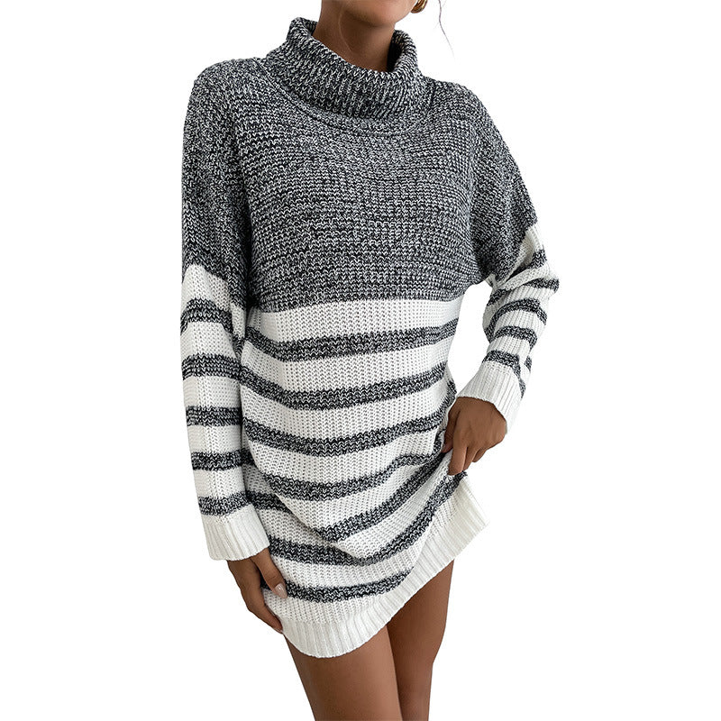 Women's Striped Turtleneck Knit Dress with Tailored Silhouette Mune Fashion