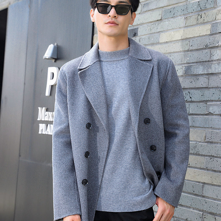 Men's Short Double-Breasted Wool Blend Peacoat with Notch Collar and Thermal Lining Mune Fashion