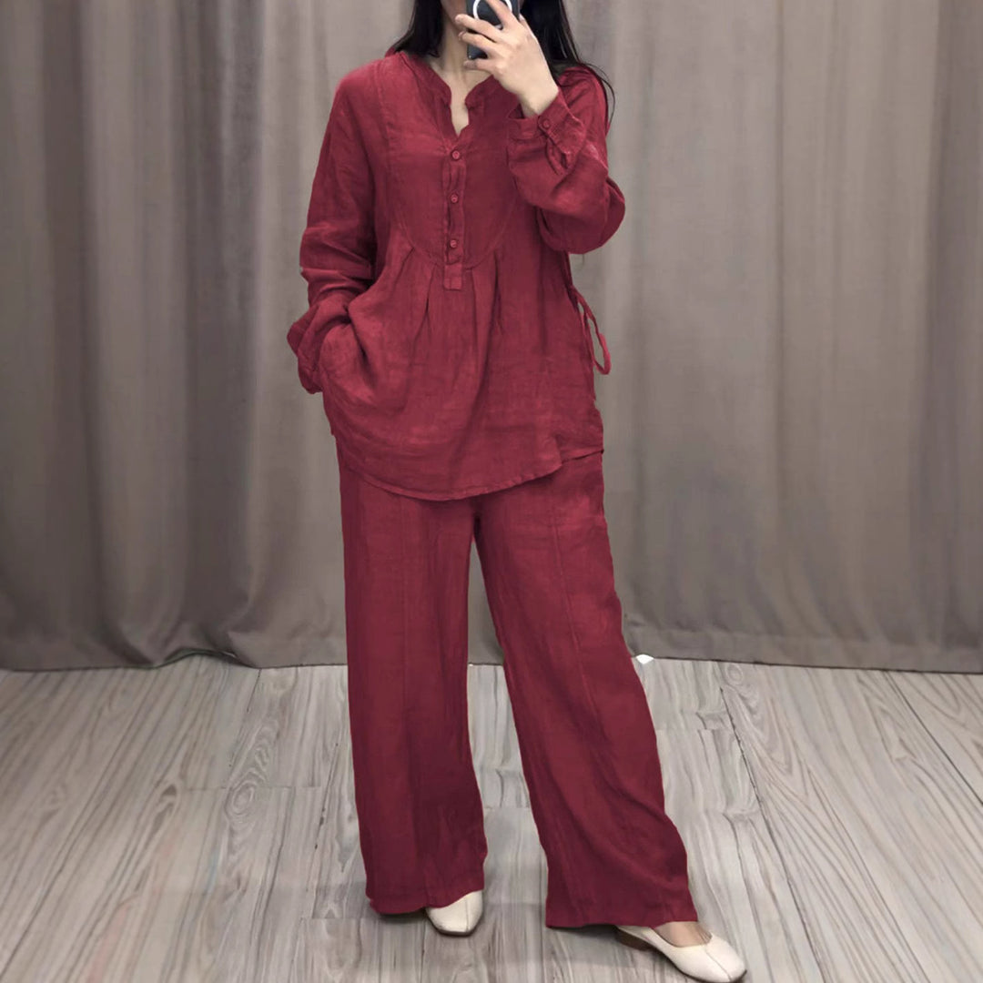 Ladies casual linen set tunic with wide leg, button placket and side pockets Mune Fashion