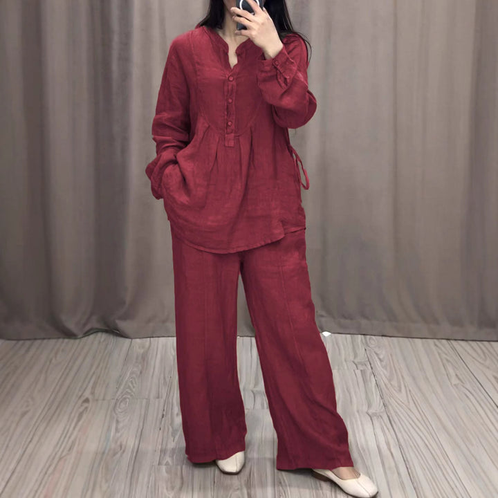Ladies casual linen set tunic with wide leg, button placket and side pockets Mune Fashion