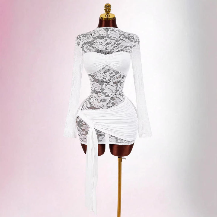 Women transparent lace mini dress with bandeau insert, gathered wrap skirt and long sleeves Mune Fashion
