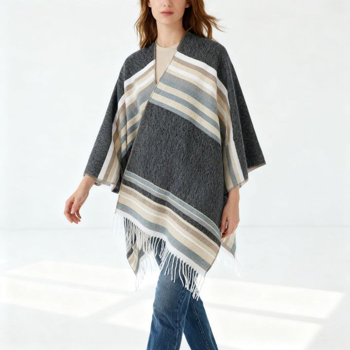 Women's Striped Wool Blend Poncho with Fringed Hem Mune Fashion