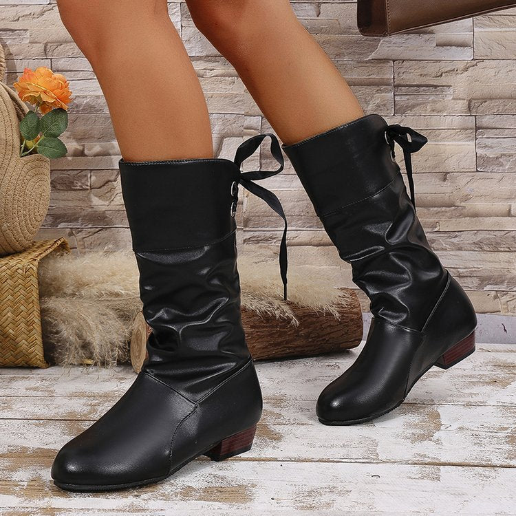 Women’s knee-high boots with gathering, rear lacing and low block heel Mune Fashion