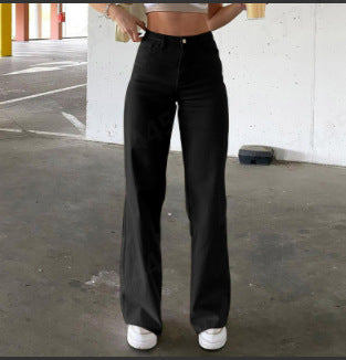 Women high-waisted wide-leg pants made of cotton blend with elongated legs and five-pocket design Mune Fashion