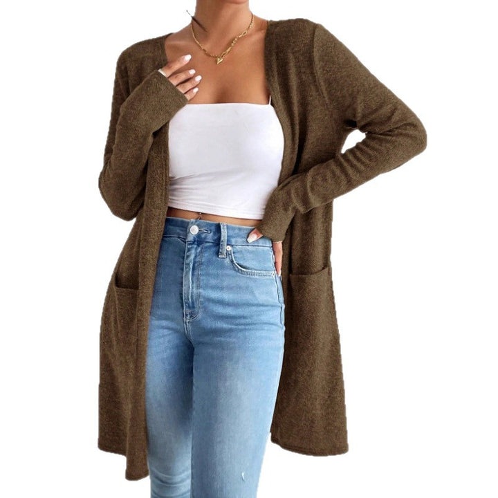Women's open long cardigan with patch pockets and soft fine knit Mune Fashion