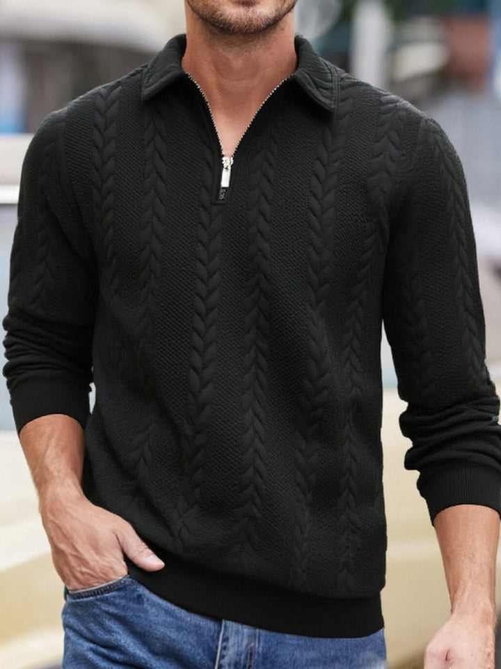 Men's fine structured cable knit sweater with short zipper and Kent collar Mune Fashion