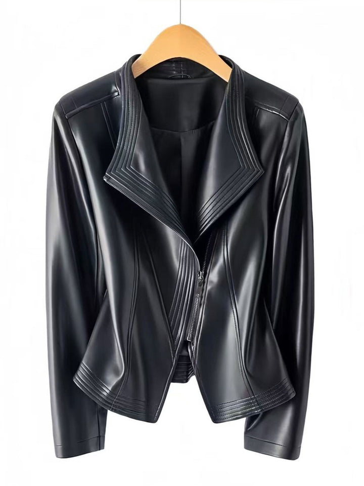 Women Fashionable Faux Leather Jacket with Asymmetrical Zipper Mune Fashion
