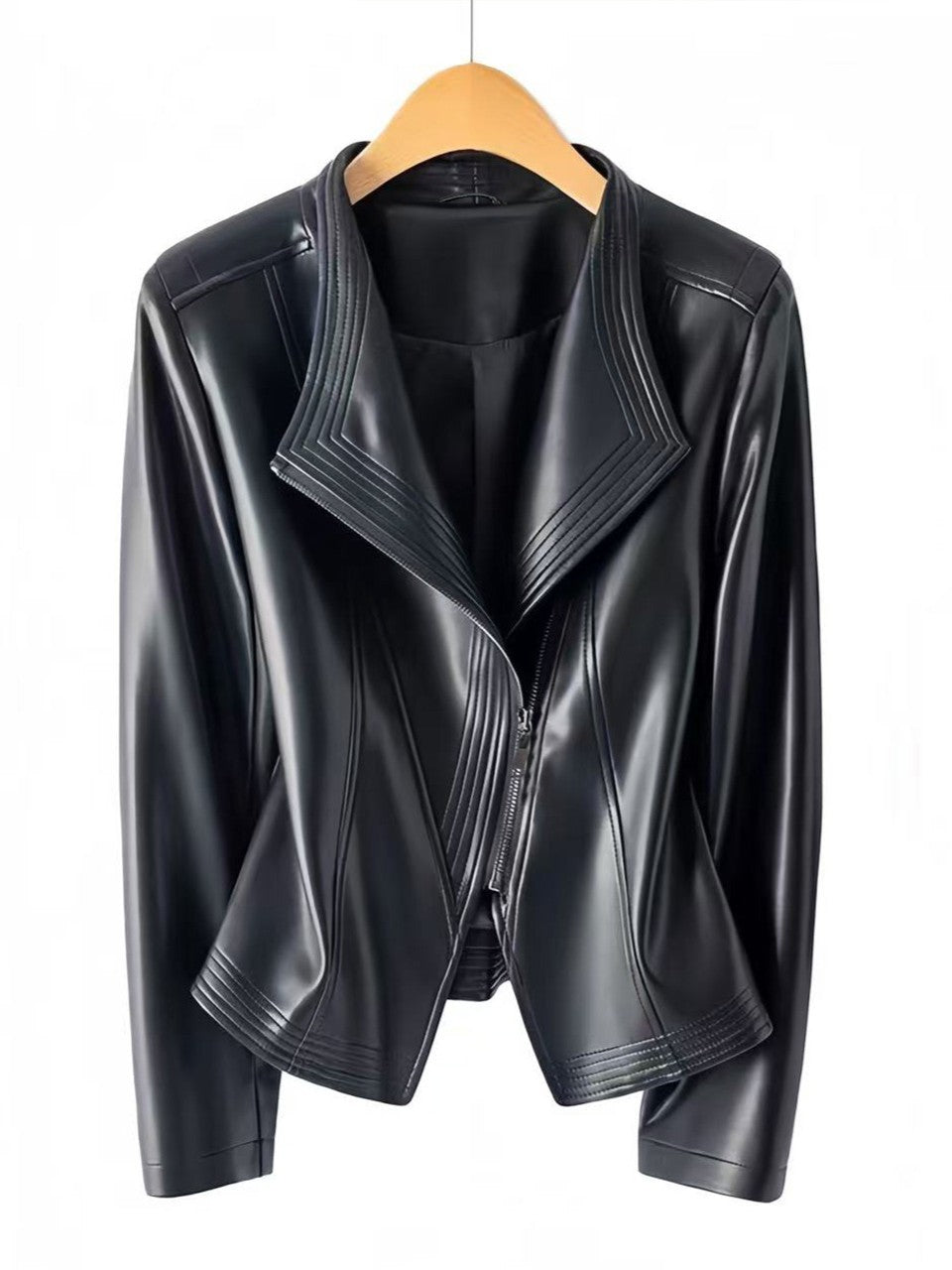 Women's Tailored Faux Leather Jacket with Asymmetrical Zipper and Decorative Stitching Mune Fashion
