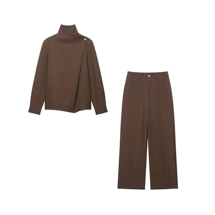 Women's two-piece set made of asymmetrical turtleneck blouse and wide culotte pants Drune