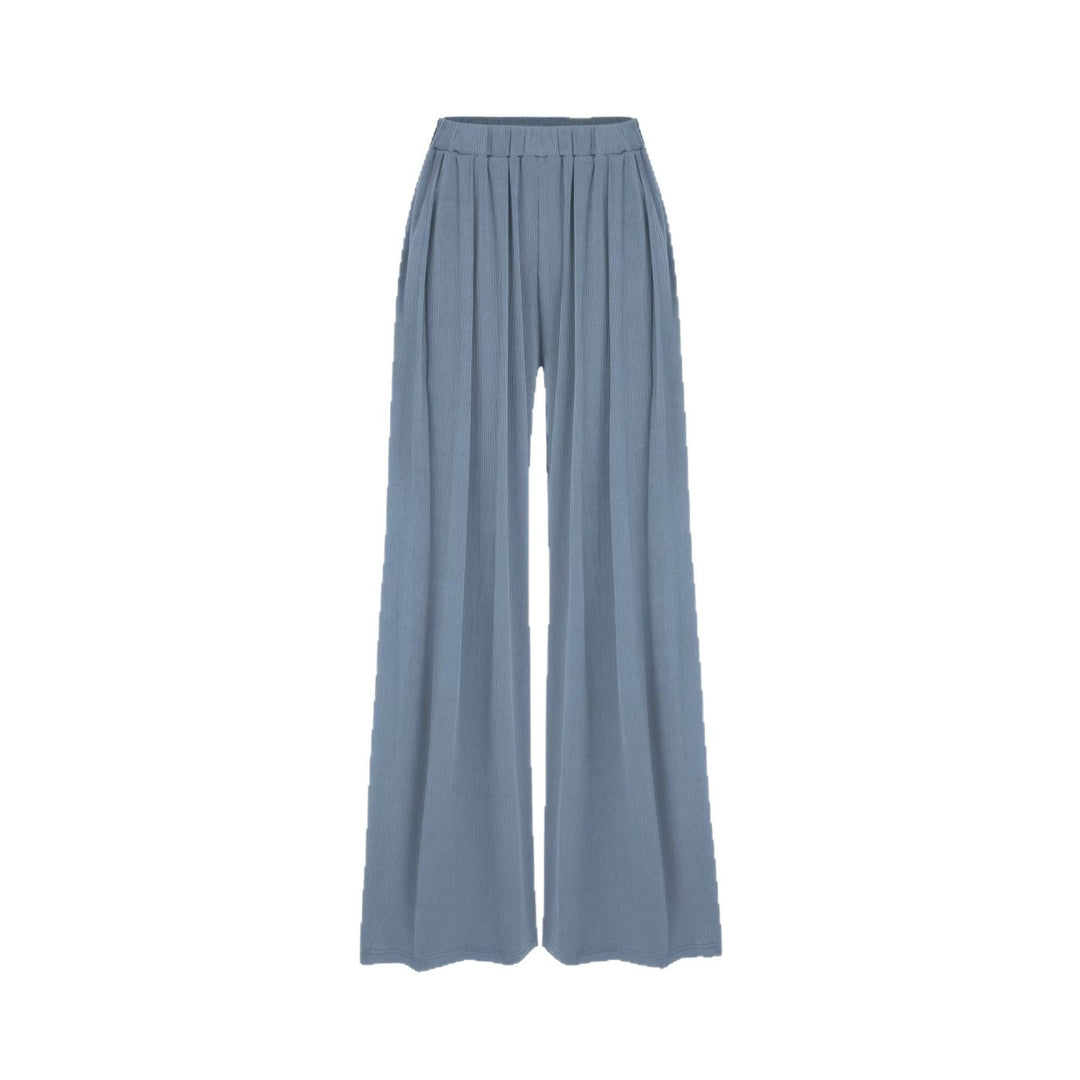 Women's Wide Palazzo Knit Trousers with High Elastic Waistband and Fine Ribbed Texture Drune