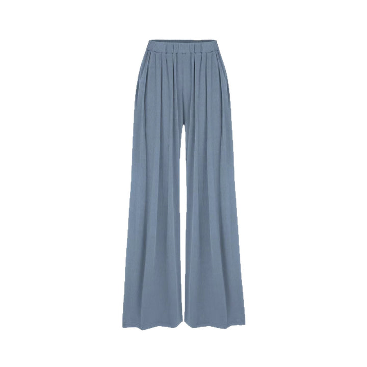 Women's Wide Palazzo Knit Trousers with High Elastic Waistband and Fine Ribbed Texture Drune