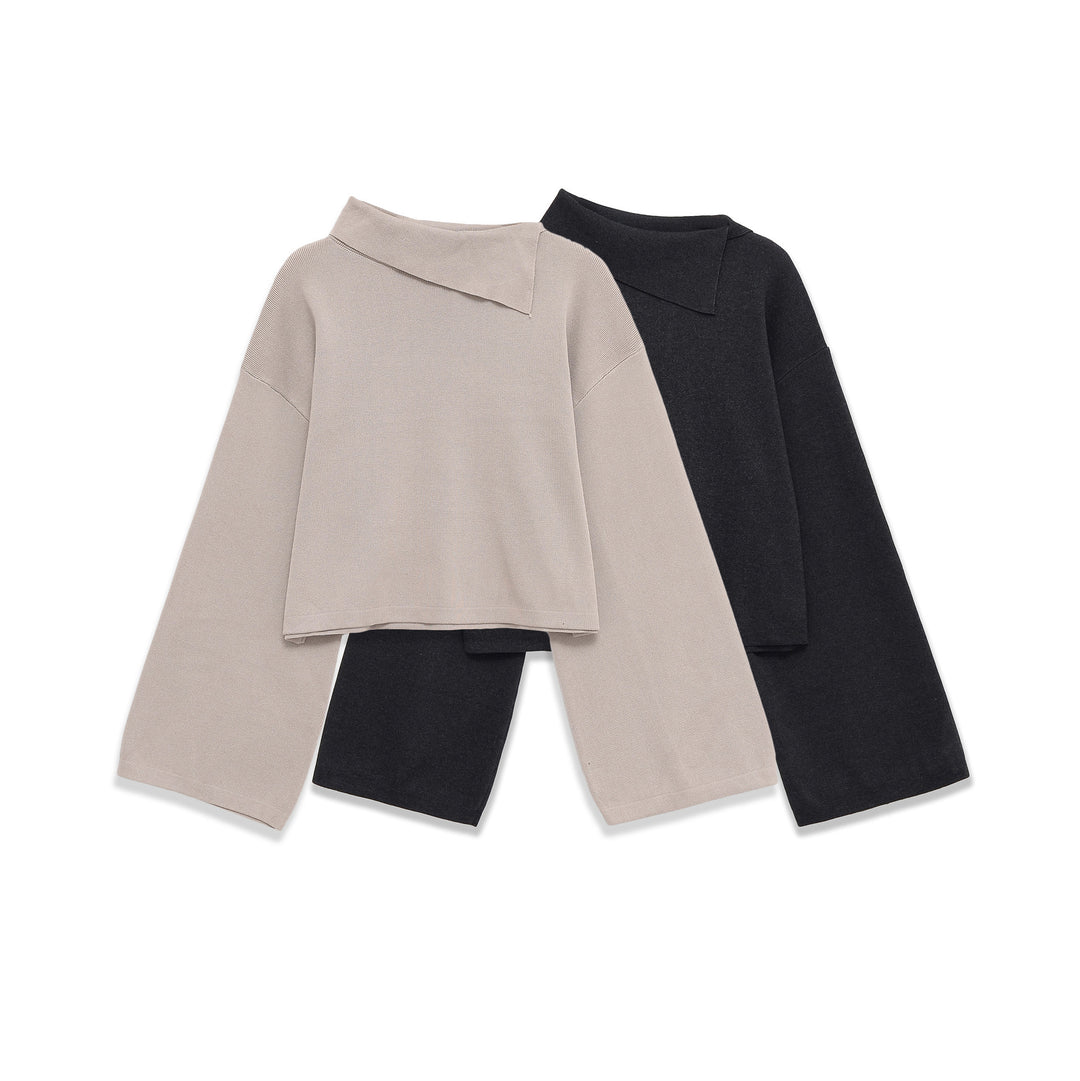 Women's oversized short cut sweater with asymmetrical high collar and wide kimono sleeves Mune Fashion