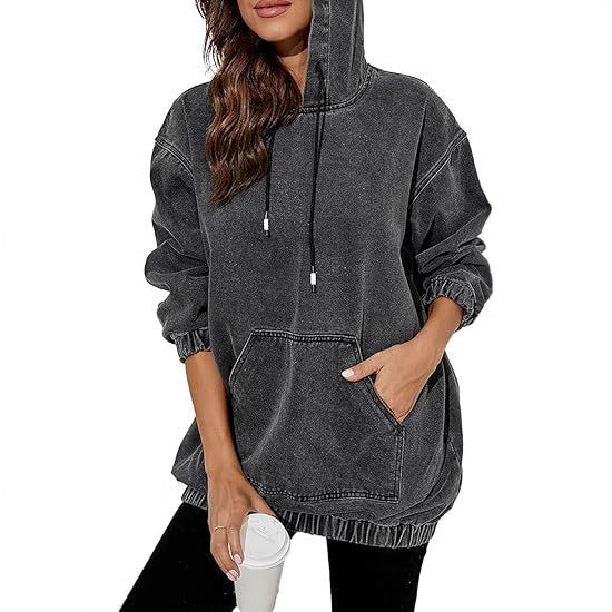 Women's Oversize Hooded Sweatshirt made of Washed Denim Fabric with Kangaroo Pocket Mune Fashion