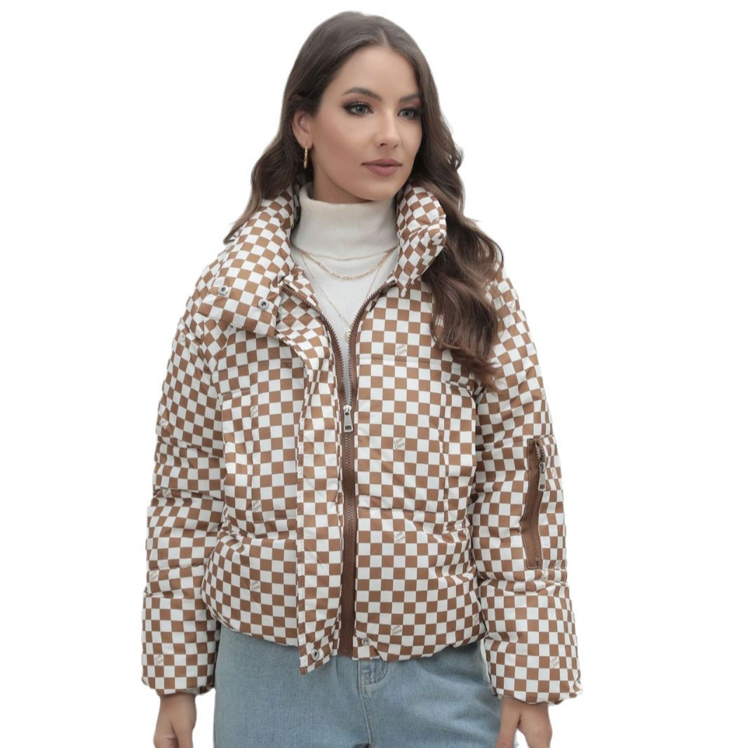Women's Short Quilted Check Winter Jacket with Stand-Up Collar and Arm Pocket Mune Fashion