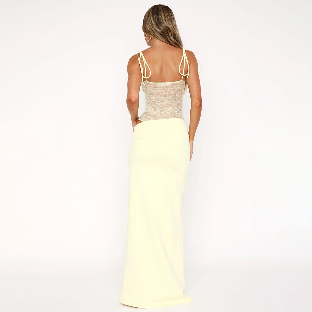 Women's Elegant Maxi Dress with Lace Top and Flattering Cut Mune