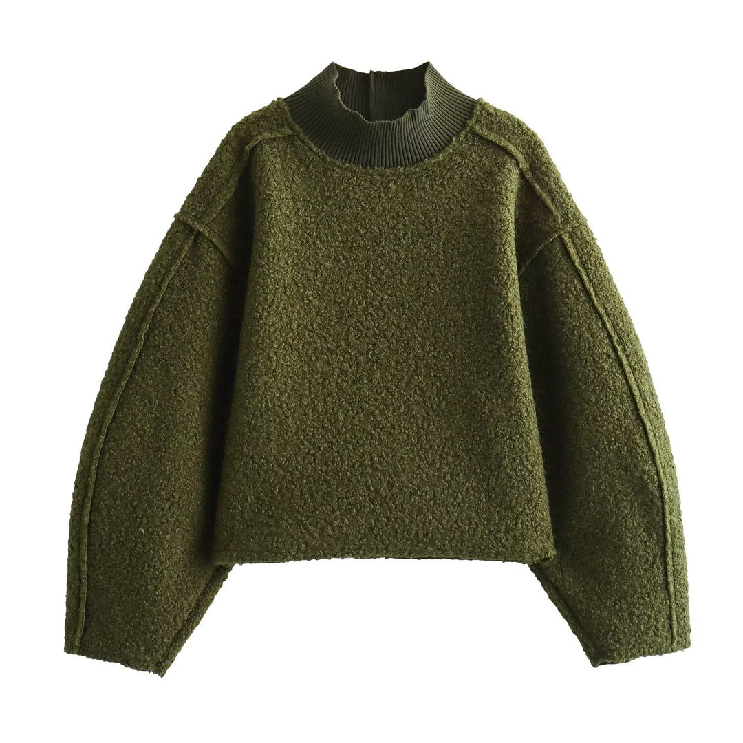 Women Oversize Cropped Pullover with Stand-Up Collar and Balloon Sleeves Mune Fashion