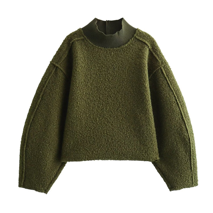 Women Oversize Cropped Pullover with Stand-Up Collar and Balloon Sleeves Mune Fashion