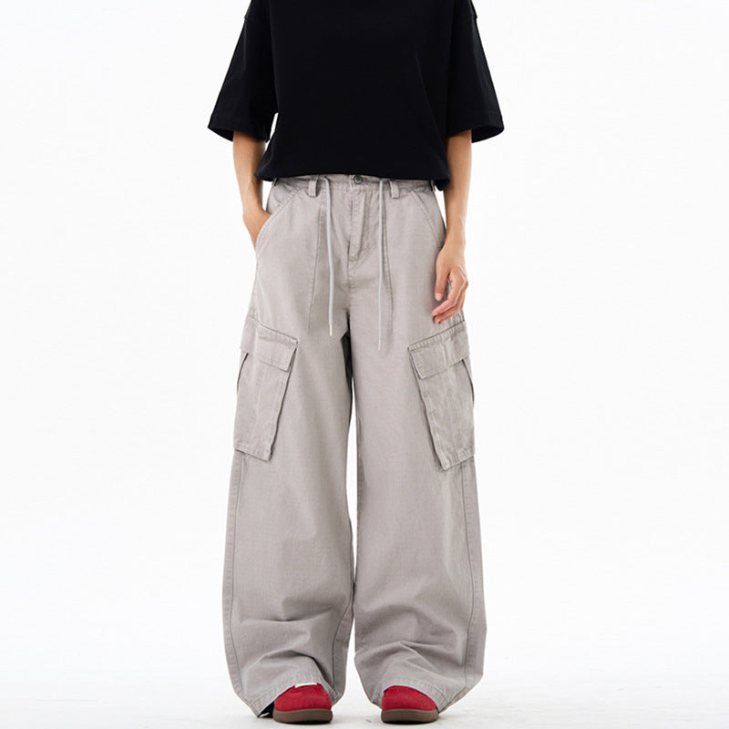 Women's Extra Wide Cargo Denim Palazzo Pants with Drawstring Waistband and Flap Pockets Mune Fashion