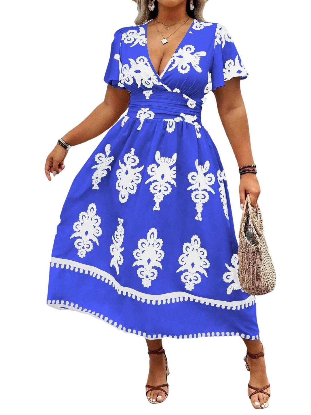 Women's Wrap Midi Dress with Tailored Draping and Decorative Border Print Mune Fashion