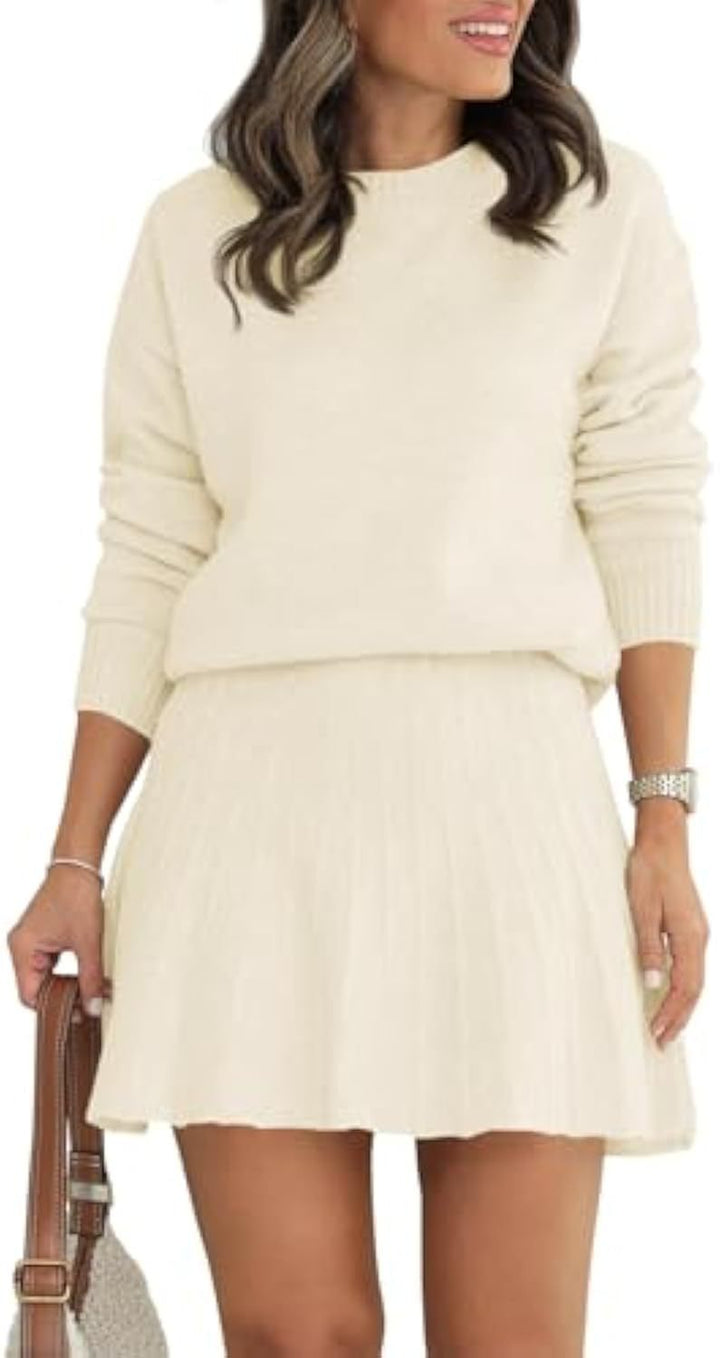 Women's Two-Piece Knit Set with Round Neck Sweater and Pleated Mini Skirt Drune