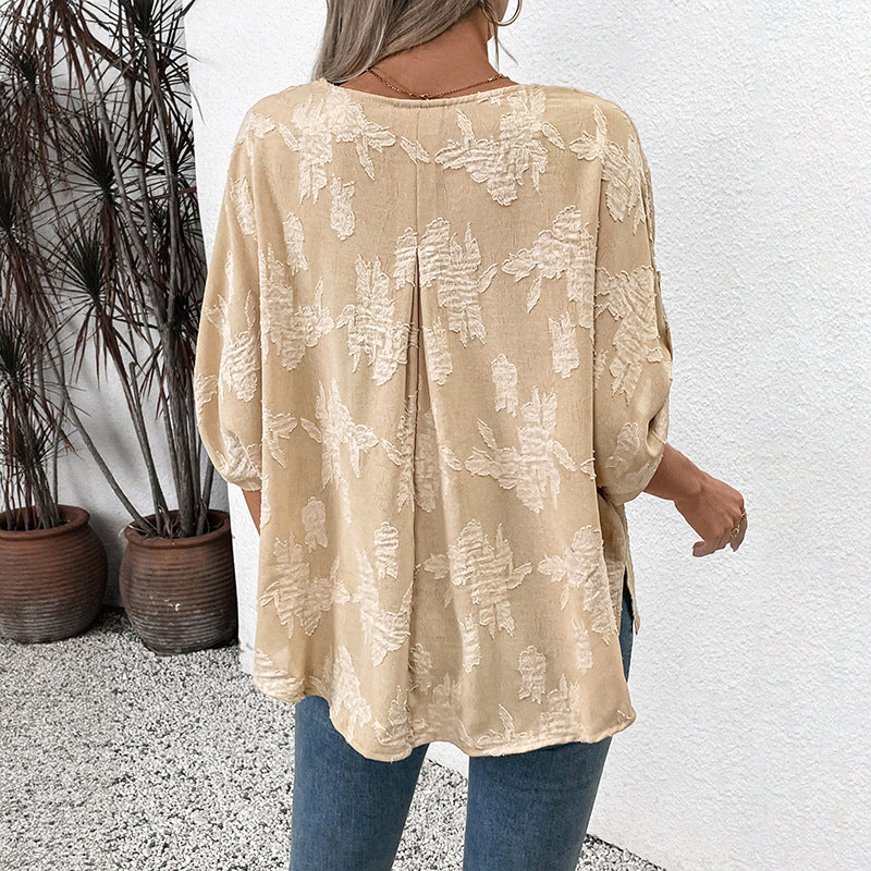 Women's lightweight oversized V-neck blouse with textured jacquard pattern and roll-up sleeves Mune Fashion